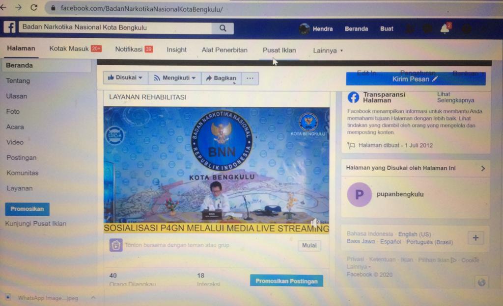 Virtual Komunikasi Informasi Edukasi (KIE) P4GN melalui Media Sosial Facebook BNN Kota Bengkulu Virtual Komunikasi Informasi Edukasi (KIE) P4GN melalui Media Sosial Facebook BNN Kota Bengkulu