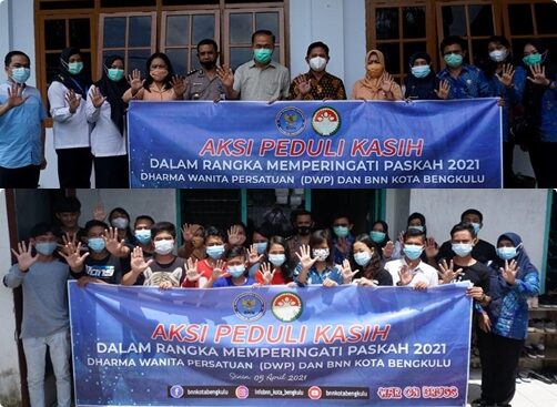 Dalam Rangka Kegiatan Aksi Paskah BNN 2021, Kepala BNN Kota Bengkulu Dan Ketua DWP BNN Kota Bengkulu Beserta Personil Melaksanakan Kegiatan Peduli Kasih di Panti Asuhan Pelita Kasih dan Sekolah Tinggi Teologi Arastamar Bengkulu (STTAB)